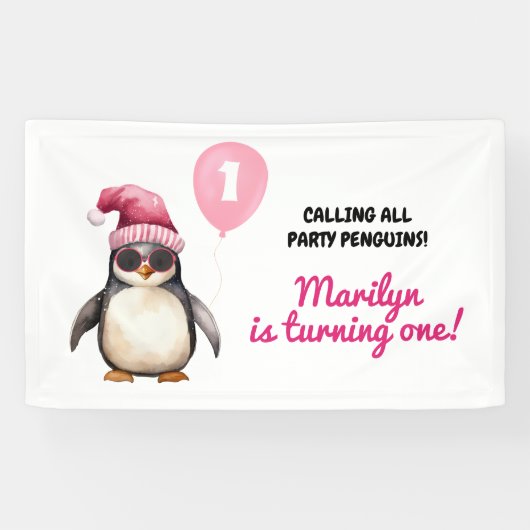 Cool Winter Pink Penguin First Birthday Girl Banner (Horizontal)
