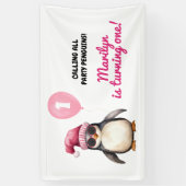 Cool Winter Pink Penguin First Birthday Girl Banner (Vertikal)