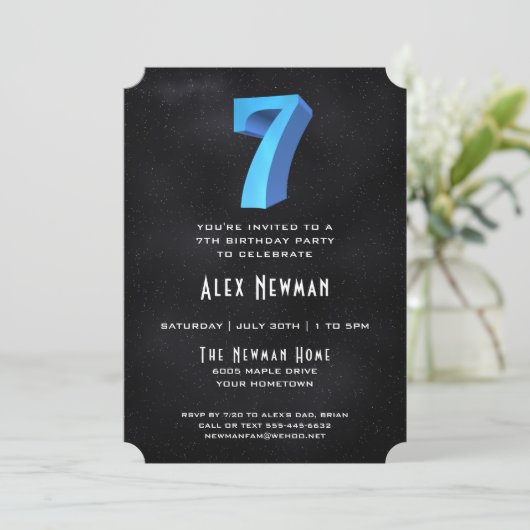 Coole 3D auf Black 7th Birthday Party Einladung (Stehend Vorderseite)