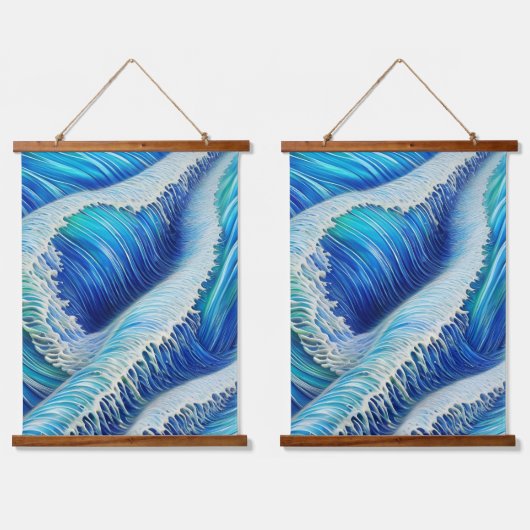 Coole Abstrakte Blauwellen Wandteppich Mit Holzrahmen (Doppelt)