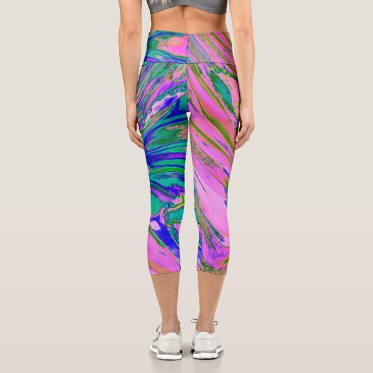Coole Abstrakte Chartreuse und Hot Pink Groovy Ret Capri Leggings (Rückseite)