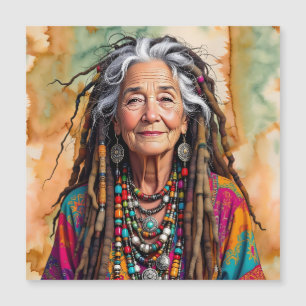 Coole alte Dame in Dreadlocks Hippie-Frau Magnetkarte