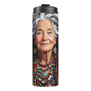 Coole alte Dame in Dreadlocks Hippie-Frau Thermosbecher