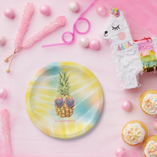 Coole Ananas, Aquarellenbogen-Gefärbte Krawatte Pappteller (Party)