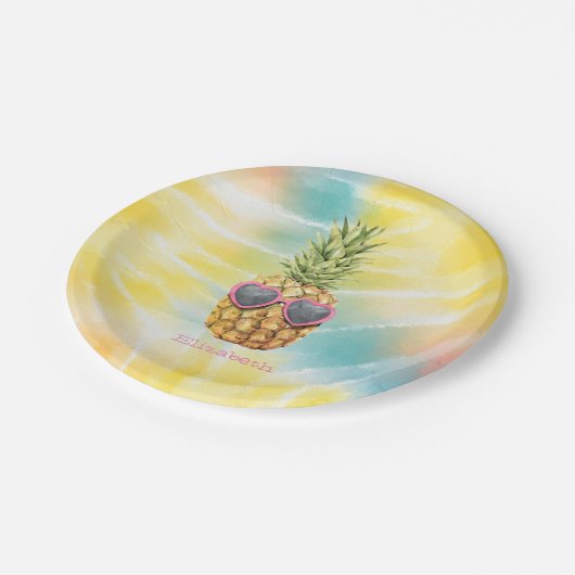 Coole Ananas, Aquarellenbogen-Gefärbte Krawatte Pappteller (Schrägansicht)