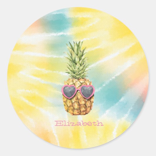 Coole Ananas, Aquarellenbogen-Gefärbte Krawatte Runder Aufkleber (Vorderseite)