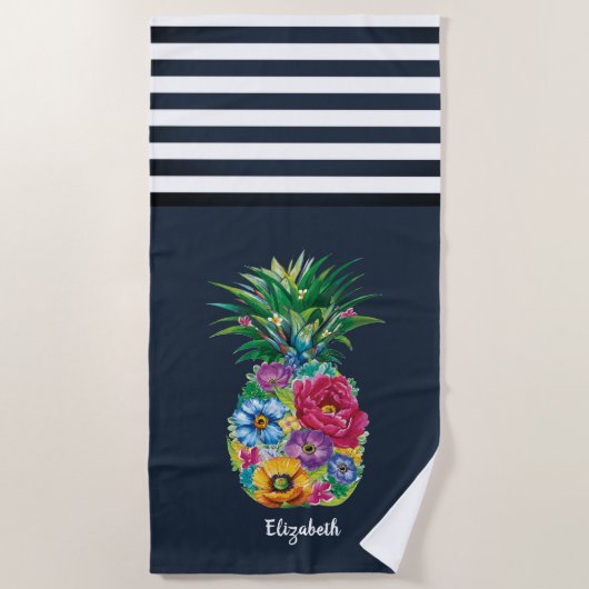 Coole Ananas Nautic Navy Blau Streifen Strandtuch (Vorderseite)