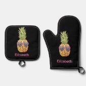 Coole Ananas, Schwarzkarosse Ofenhandschuh & Topflappen-Set (Vorderseite)