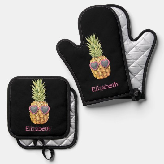 Coole Ananas, Schwarzkarosse Ofenhandschuh & Topflappen-Set (Vorderseite/Rückseite)