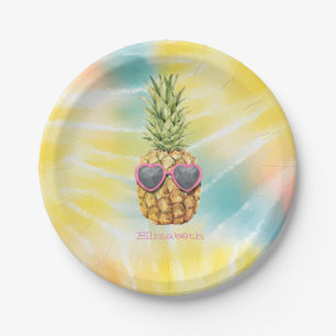 Coole Ananas, Wasserfarben-Regenbogen-Tie Dye Pappteller