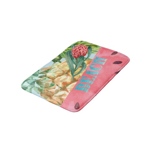 Coole Ananas Watermelon Hibiskus Palm Blätter Badematte (Schrägansicht)