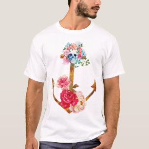Coole Aquarellanschor-Skull Mehrfarbige Blume T-Shirt