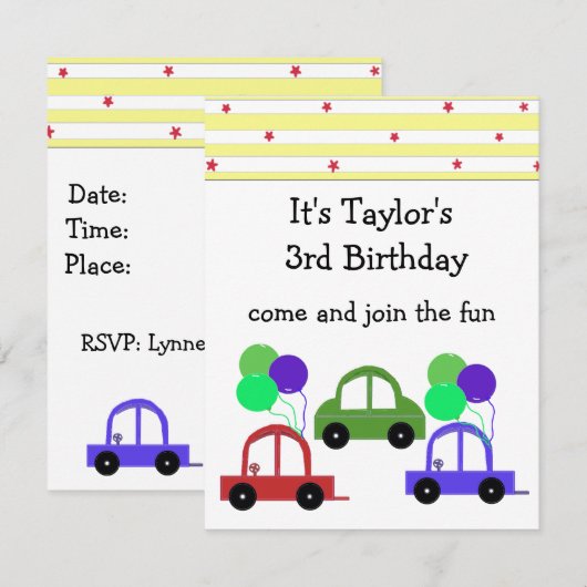 Coole Autos Einladung zum Geburtstag (Vorne/Hinten)
