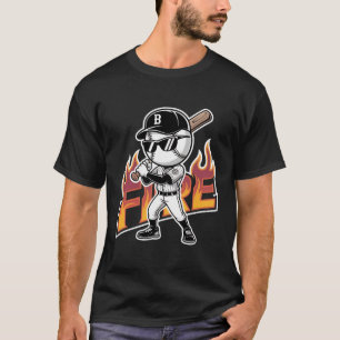 Coole Baseball-Maskottchen-Sonnenbrille-Flammtext- T-Shirt