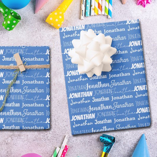 Coole Blaue Namenstypografie Geburtstag Geschenkpapier Set