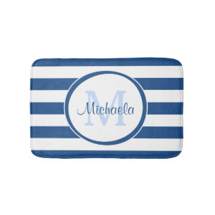 Coole blaue Rugby-Streifen mit Namen und Monogramm Badematte