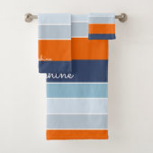 Coole Blues und Orangenstreifen individuelle Name Badhandtuch Set (Insitu)