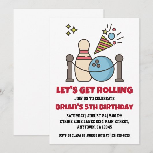 coole Bowling-Party Einladungen (Vorne/Hinten)