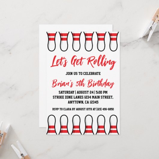 coole Bowling-Party Einladungen (Vorderseite/Rückseite Beispiel)