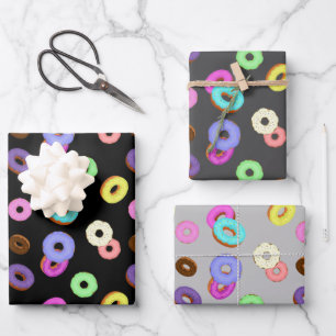 Coole, bunte Donuts schwarz Geschenkpapier Set