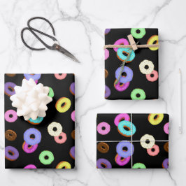 Coole, bunte Donuts schwarz Geschenkpapier Set