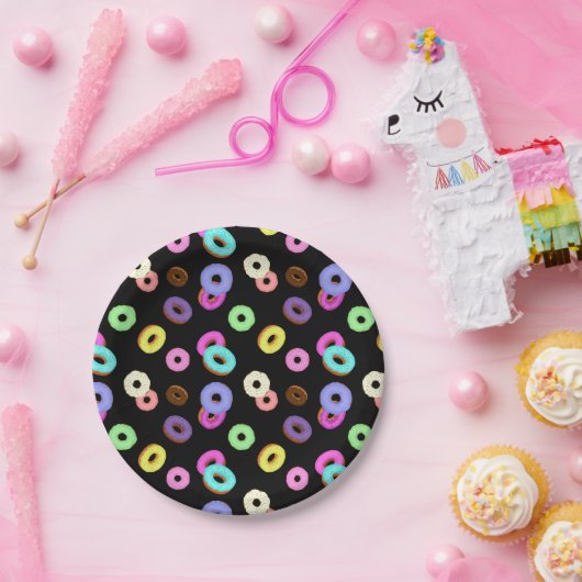 Coole, bunte Donuts schwarz Pappteller (Party)