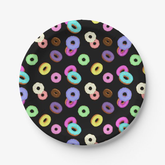 Coole, bunte Donuts schwarz Pappteller (Vorderseite)
