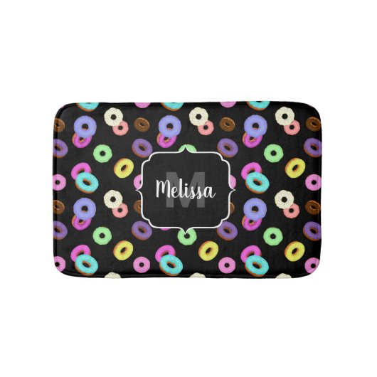 Coole, bunte Donuts schwarze Monogramm Badematte (Vorderseite)