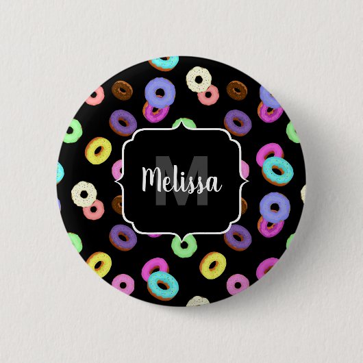 Coole, bunte Donuts schwarze Monogramm Button (Vorderseite)