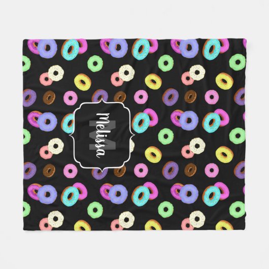 Coole, bunte Donuts schwarze Monogramm Fleecedecke (Vorderseite (Horizontal))