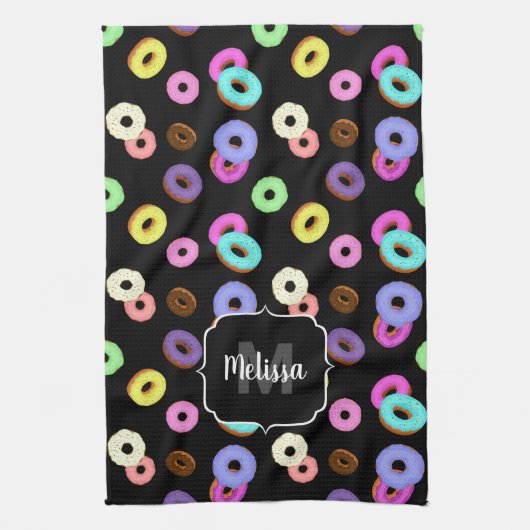 Coole, bunte Donuts schwarze Monogramm Geschirrtuch (Vertikal)