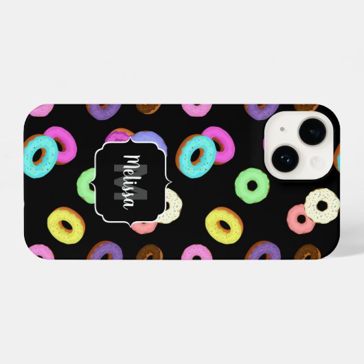 Coole, bunte Donuts schwarze Monogramm iPhone Hülle (Rückseite (Horizontal))