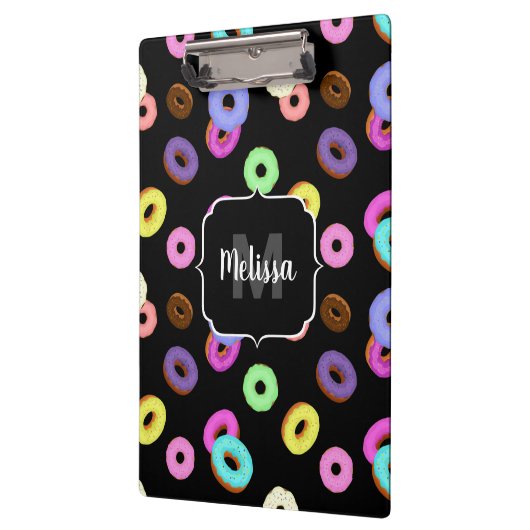 Coole, bunte Donuts schwarze Monogramm Klemmbrett (Links)