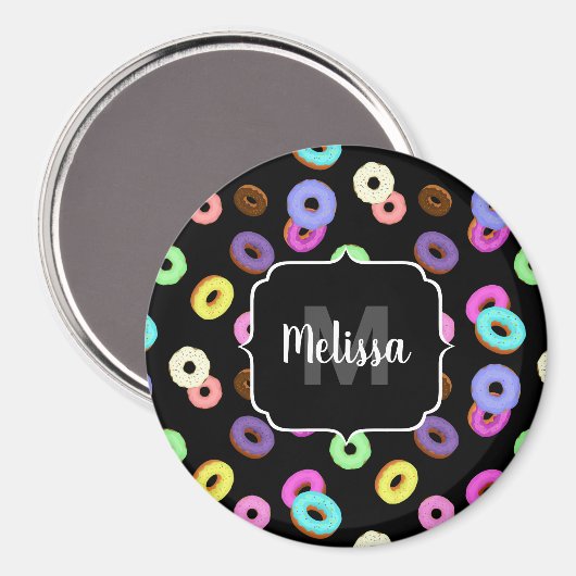 Coole, bunte Donuts schwarze Monogramm Magnet (Vorderseite/Rückseite)