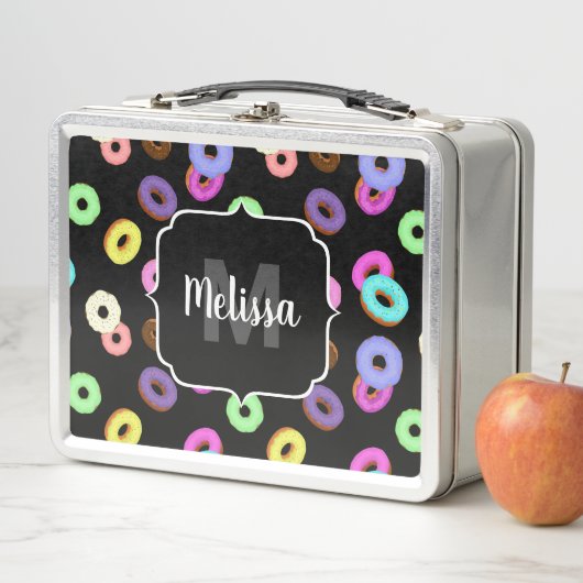 Coole, bunte Donuts schwarze Monogramm Metall Brotdose (Beispiel)