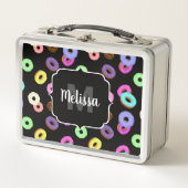 Coole, bunte Donuts schwarze Monogramm Metall Brotdose (Vorderseite)