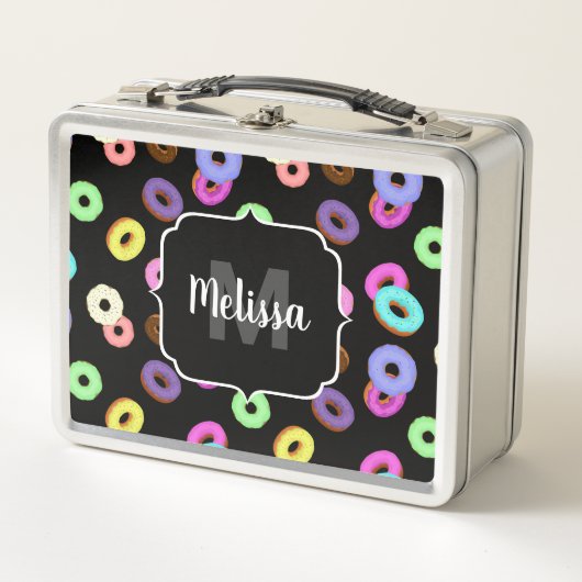 Coole, bunte Donuts schwarze Monogramm Metall Brotdose (Vorderseite)