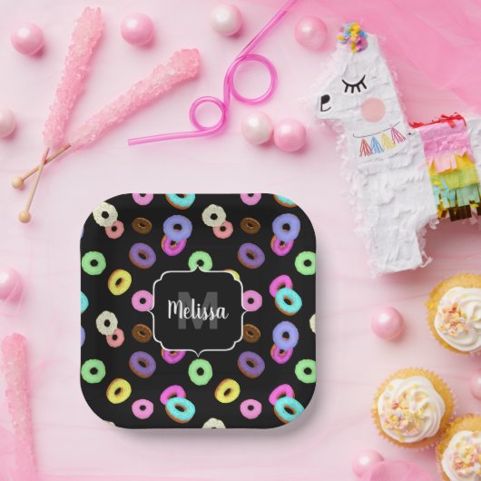 Coole, bunte Donuts schwarze Monogramm Pappteller (Party)