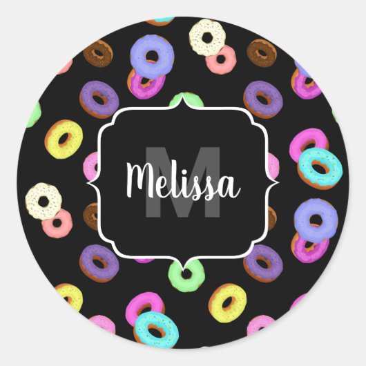 Coole, bunte Donuts schwarze Monogramm Runder Aufkleber (Vorderseite)
