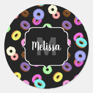 Coole, bunte Donuts schwarze Monogramm Runder Aufkleber