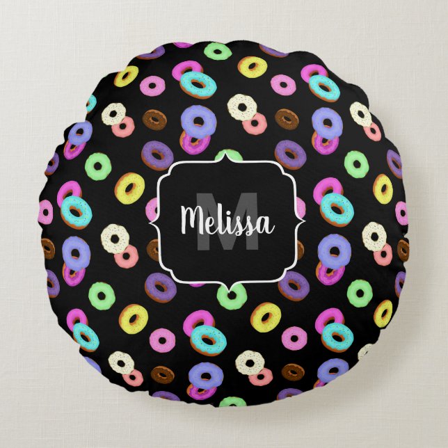 Coole, bunte Donuts schwarze Monogramm Rundes Kissen (Vorderseite)