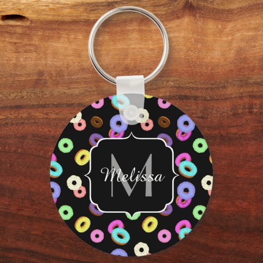 Coole, bunte Donuts schwarze Monogramm Schlüsselanhänger (Vorderseite)