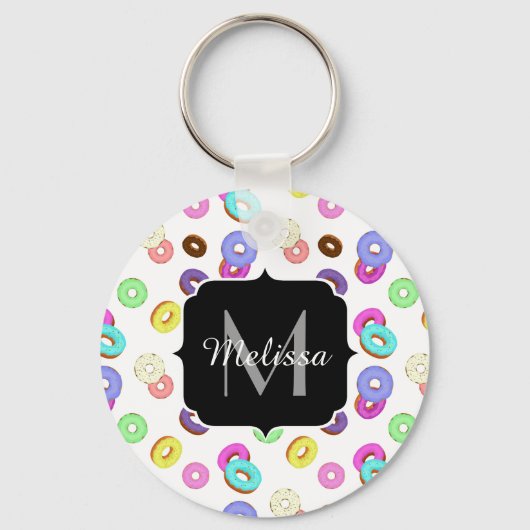 Coole, bunte Donuts schwarze Monogramm Schlüsselanhänger (Rückseite)