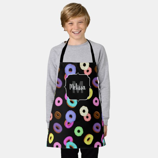 Coole, bunte Donuts schwarze Monogramm Schürze (Getragen)