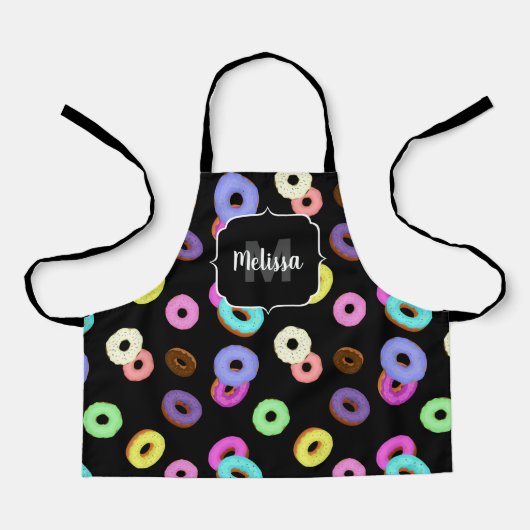 Coole, bunte Donuts schwarze Monogramm Schürze (Vorderseite)