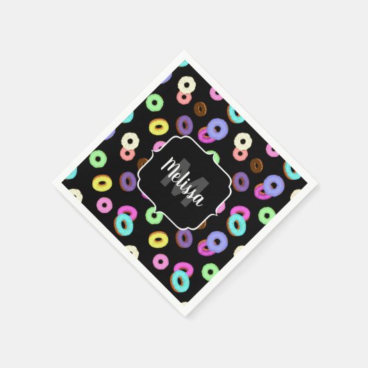 Coole, bunte Donuts schwarze Monogramm Serviette (Ecke)
