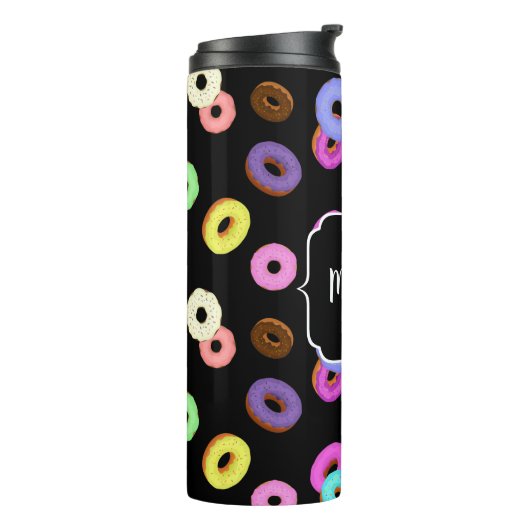 Coole, bunte Donuts schwarze Monogramm Thermosbecher (Nach links gedreht)