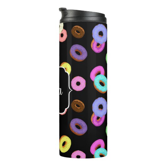 Coole, bunte Donuts schwarze Monogramm Thermosbecher (Nach rechts gedreht)