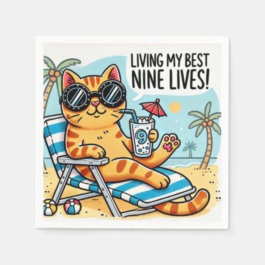 Coole Cat Chilling on Beach - Funny Cartoon Serviette (Vorderseite)