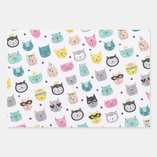 Coole Cat Faces Aquamarin Gelbes Zickzack Muster Geschenkpapier Set (Vorderseite)